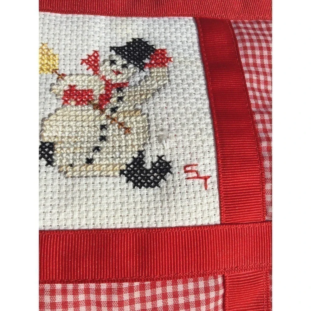 Vtg Christmas snowman decorative pillow cross-stitch needlework red white lace